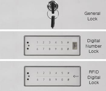 For the locking, clients can choose among general lock, digital number lock with capacitive touch type, and RFID lock using ID card such as employee card.