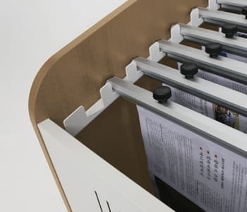 The newspaper stand uses newspaper holders (up to 10 holders) to prevent the folding or damage of newspapers. (required to purchase newspaper holders separately)
