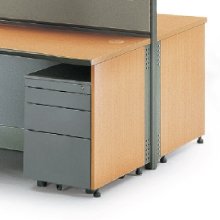 Users can make a more refined office furniture system with drawers and panels by using a legless hanging desk.